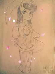 Size: 1080x1461 | Tagged: safe, artist:lzh, derpibooru import, oc, unofficial characters only, pony, unicorn, clothes, female, kimono (clothing), looking at you, paper, petal, solo, standing pony, traditional art, umbrella