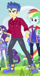 Size: 514x982 | Tagged: safe, derpibooru import, screencap, flash sentry, rainbow dash, rarity, cheer you on, equestria girls, equestria girls series, spoiler:eqg series (season 2), blue sneakers, clothes, converse, cropped, female, male, pants, shoes, super ponied up