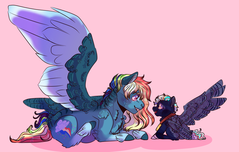 Size: 2566x1638 | Tagged: artist:kiwigoat-art, derpibooru import, next generation, oc, oc:tsunami, offspring, parent:dumbbell, parent:rainbow dash, parents:dumbdash, parent:soarin', parents:soarindash, pegasus, rainbow dash, redesign, safe