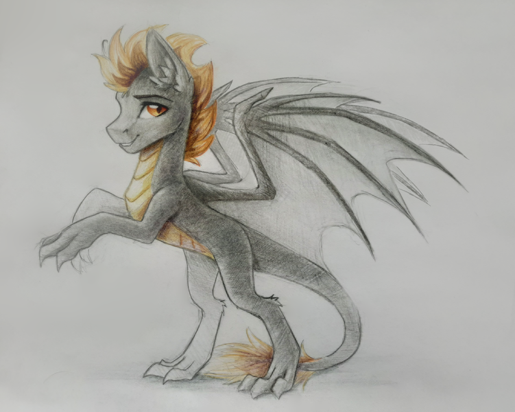 Size: 3786x3024 | Tagged: safe, artist:dark lightning, derpibooru import, oc, unofficial characters only, dracony, dragon, hybrid, pony, leonine tail, male, photo, rearing, simple background, traditional art