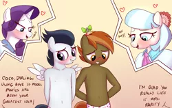 Size: 3080x1949 | Tagged: suggestive, artist:tolpain, derpibooru import, button mash, coco pommel, rarity, rumble, anthro, earth pony, pegasus, pony, unicorn, abstract background, ara ara, belly button, blushing, button's hat, clothes, dialogue, grin, hat, imminent foalcon, modeling, panties, propeller hat, smiling, spread wings, underwear, wingboner, wings
