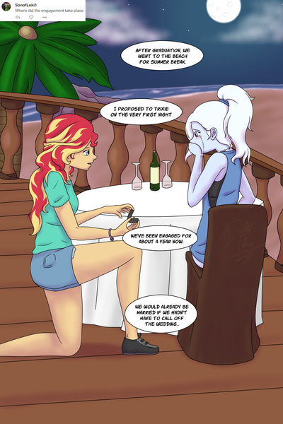 Size: 1000x1500 | Tagged: safe, artist:deltalima, derpibooru import, sunset shimmer, trixie, comic:dickhead shimmer 2, equestria girls, beach, blushing, comic, crying, dialogue, female, lesbian, marriage proposal, shipping, suntrix