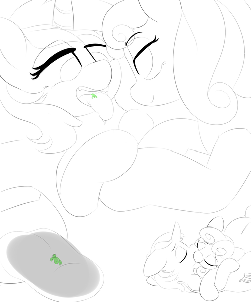 Size: 2500x3000 | Tagged: suggestive, artist:askcanadash, derpibooru import, bon bon, lyra heartstrings, sweetie drops, oc, oc:anon, pony, female, giant pony, giant/tiny, imminent vore, kissing, lesbian, macro, making out, micro, monochrome, tongue play