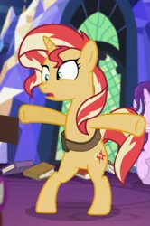 Size: 533x804 | Tagged: safe, derpibooru import, screencap, starlight glimmer, sunset shimmer, pony, unicorn, equestria girls, mirror magic, spoiler:eqg specials, bag, bipedal, cropped, female, in the human world for too long, mare, offscreen character, open mouth, saddle bag, solo focus