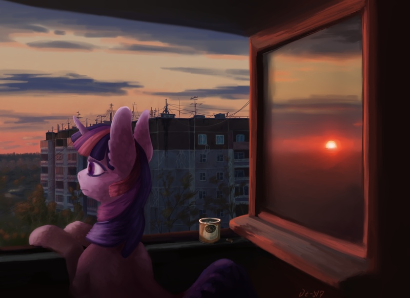 Size: 2048x1490 | Tagged: safe, artist:danton-y17, derpibooru import, twilight sparkle, pony, unicorn, antenna, balcony, cloud, coffee, coffee mug, ear fluff, female, highrise building, mare, mug, russia, solo, sunset, tree, unicorn twilight, window, wires