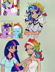 Size: 3119x4065 | Tagged: safe, artist:valeriamagicart, derpibooru import, screencap, rainbow dash, starlight glimmer, twilight sparkle, twilight sparkle (alicorn), alicorn, bird, chicken, human, pegasus, unicorn, deep tissue memories, harvesting memories, spoiler:deep tissue memories, spoiler:harvesting memories, spoiler:mlp friendship is forever, bare shoulders, blushing, confession, crying, female, humanized, mare, scene interpretation, sleeveless, smiling, spa pony rainbow dash, strapless, sweet apple acres, traditional art