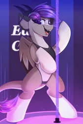 Size: 1350x2000 | Tagged: artist:shadowreindeer, bipedal, clothes, derpibooru import, detroit: become human, female, freckles, mare, oc, oc:ouija, pale belly, panties, pole dancing, sexandroid, stripper pole, suggestive, thong, underwear, unofficial characters only, wr400