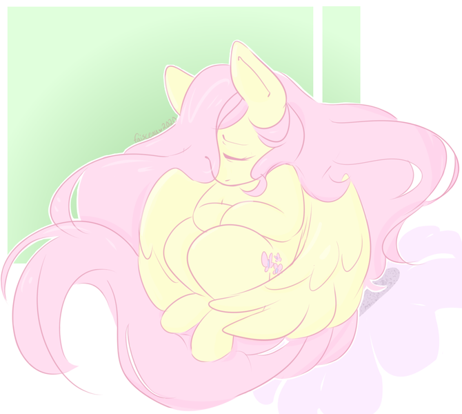 Size: 1109x993 | Tagged: safe, artist:cooljuicecat, derpibooru import, fluttershy, pegasus, pony, curled up, eyes closed, female, hair over one eye, mare, pastel, solo, three quarter view, wings