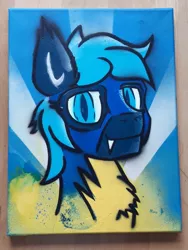 Size: 1010x1346 | Tagged: safe, artist:khaki-cap, derpibooru import, oc, oc:guttatus, bat pony, bat pony oc, bat wings, bust, canvas, clothes, fangs, fluffy, gift art, graffiti, head, lights, portrait, smiley face, stencil, uniform, wings, wonderbolts uniform