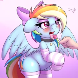 Size: 3500x3500 | Tagged: suggestive, artist:an-tonio, derpibooru import, rainbow dash, human, pegasus, pony, backwards cutie mark, blushing, bow, candy, clothes, collar, female, food, foodplay, good girl, gradient background, hand, licking, lollipop, mare, offscreen character, pet play, pet-dash, salivating, socks, solo, striped socks, suggestive eating, talking, tongue out