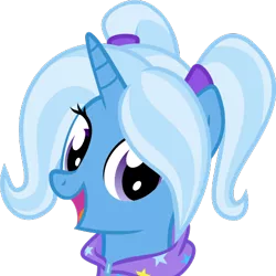 Size: 500x500 | Tagged: safe, artist:the smiling pony, derpibooru import, trixie, pony, unicorn, derpibooru, .svg available, alternate hairstyle, babysitter trixie, clothes, derpibooru badge, gameloft, gameloft interpretation, hoodie, meta, smiling, solo, svg, vector