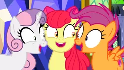 Size: 1366x768 | Tagged: safe, derpibooru import, screencap, apple bloom, scootaloo, sweetie belle, earth pony, pegasus, pony, unicorn, growing up is hard to do, adorabloom, cute, cutealoo, cutie mark crusaders, diasweetes, female, looking at each other, mare, older, older apple bloom, older cmc, older scootaloo, older sweetie belle, smiling