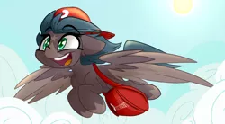 Size: 3000x1656 | Tagged: safe, artist:nekro-led, derpibooru import, oc, oc:five star, unofficial characters only, pegasus, pony, bag, cap, cloud, courier, cute, delivery pony, female, flying, hat, mare, markings, open mouth, shading, solo