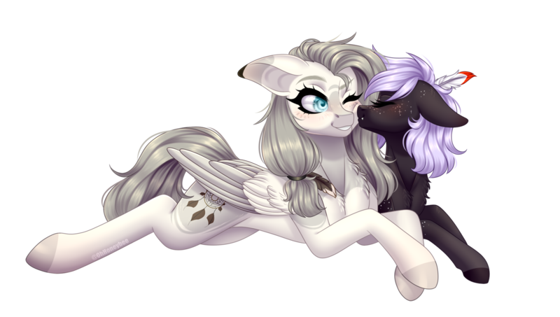 Size: 1788x1012 | Tagged: safe, artist:ohhoneybee, derpibooru import, oc, oc:cloudy night, oc:hunter dream, unofficial characters only, pegasus, pony, female, kissing, mare, prone, simple background, transparent background