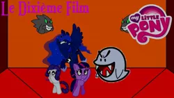 Size: 1280x720 | Tagged: safe, artist:rose80149, derpibooru import, princess luna, rarity, twilight sparkle, alicorn, earth pony, ghost, undead, boo, dimension room, french
