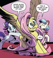 Size: 552x608 | Tagged: safe, artist:andypriceart, derpibooru import, idw, coco pommel, fluttershy, rarity, earth pony, pegasus, pony, unicorn, spoiler:comic64, butt touch, comic panel, cropped, female, hoof on butt, imminent makeover, mare, official comic, out of context, pushing, rump push, speech bubble, spread wings, wings