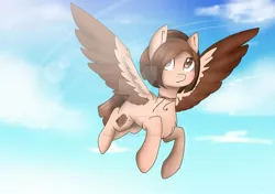 Size: 1280x902 | Tagged: safe, artist:irinamar, derpibooru import, oc, unofficial characters only, pegasus, pony, chest fluff, cloud, deviantart watermark, flying, jewelry, necklace, obtrusive watermark, pegasus oc, solo, two toned wings, watermark, wings