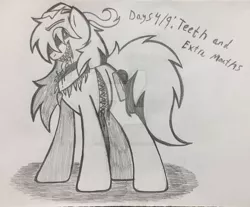 Size: 1024x846 | Tagged: semi-grimdark, artist:happydays64, derpibooru import, oc, oc:maine, unofficial characters only, pony, blood, chest mouth, creepy, goretober, monochrome, solo, traditional art