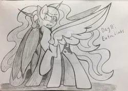 Size: 1024x729 | Tagged: semi-grimdark, artist:happydays64, derpibooru import, nightmare moon, princess luna, alicorn, pony, blood, crying, duality, goretober, monochrome, multiple heads, sharp teeth, solo, tears of blood, teeth, traditional art, two heads