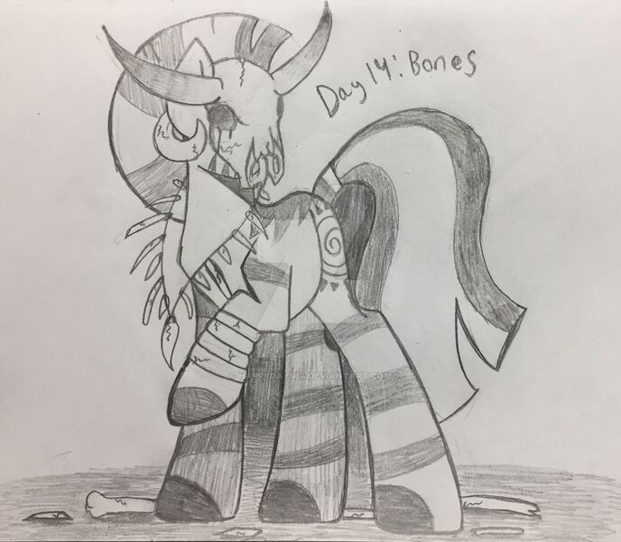 Size: 1024x893 | Tagged: artist:happydays64, bone, creepy, derpibooru import, female, goretober, monochrome, safe, solo, traditional art, zebra, zecora