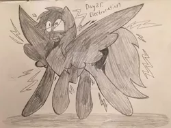 Size: 1024x771 | Tagged: semi-grimdark, artist:happydays64, derpibooru import, rainbow dash, pegasus, pony, blood, electrocution, goretober, monochrome, nosebleed, solo, traditional art