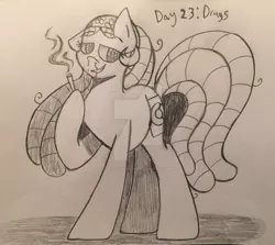 Size: 1024x913 | Tagged: semi-grimdark, artist:happydays64, derpibooru import, oc, oc:manitou springs, unofficial characters only, earth pony, pony, blood, drugs, female, goretober, joint, mare, marijuana, monochrome, nosebleed, solo, traditional art