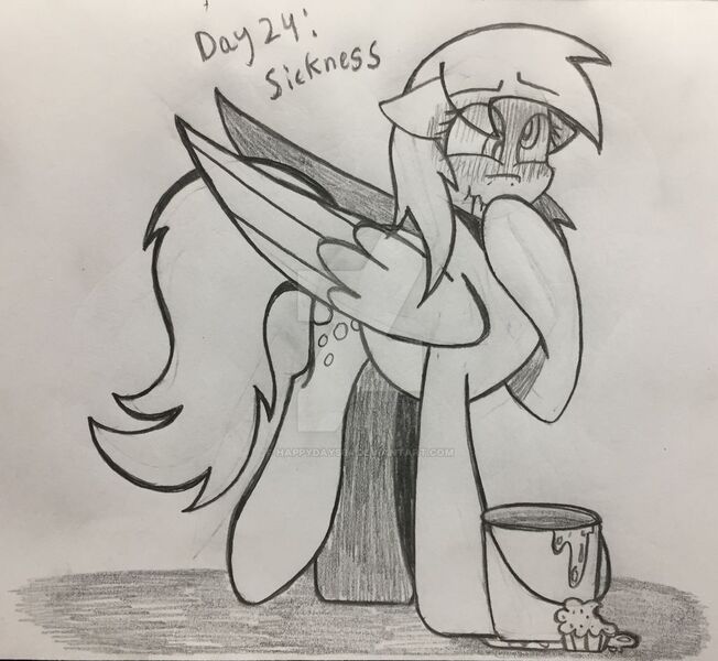 Size: 1024x942 | Tagged: safe, artist:happydays64, derpibooru import, derpy hooves, pegasus, pony, bucket, female, food, goretober, mare, monochrome, muffin, solo, traditional art, vomit