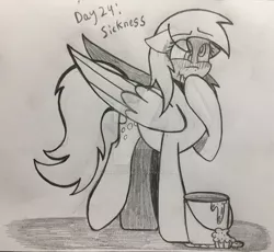 Size: 1024x942 | Tagged: safe, artist:happydays64, derpibooru import, derpy hooves, pegasus, pony, bucket, female, food, goretober, mare, monochrome, muffin, solo, traditional art, vomit