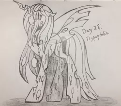 Size: 1024x894 | Tagged: semi-grimdark, artist:happydays64, derpibooru import, queen chrysalis, changeling, changeling queen, pony, blood, female, goretober, monochrome, solo, traditional art, trypophobia