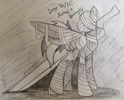 Size: 1024x826 | Tagged: semi-grimdark, artist:happydays64, derpibooru import, oc, oc:happy days, unofficial characters only, pegasus, pony, bandage, blood, goretober, monochrome, solo, sword, traditional art, weapon