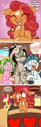 Size: 421x1280 | Tagged: safe, artist:esmeia, derpibooru import, apple bloom, oc, oc:cinnamon crisp, oc:mkali, unofficial characters only, earth pony, pony, zebra, zebracorn, :o, blushing, candy, cinnakali, comic, covering, dialogue, earth pony oc, embarrassed, eyes closed, fangs, female, food, grin, lidded eyes, male, mare, oc x oc, open mouth, shipping, shocked, smiling, stallion