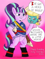 Size: 1280x1657 | Tagged: safe, artist:thedriveintheatre, derpibooru import, starlight glimmer, pony, unicorn, badass, bipedal, clothes, crossover, disembodied head, female, frankenchick widget, happy birthday, inuyasha, kelly sheridan, mare, meta, metahumor, monster beach, pun, ranma 1/2, sango, ukyo kuonji, voice actor joke