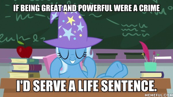 Size: 600x337 | Tagged: safe, derpibooru import, edit, edited screencap, screencap, trixie, pony, a horse shoe-in, caption, clothes, eyes closed, female, hat, image macro, mare, text, trixie's hat