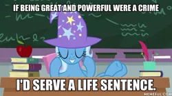 Size: 600x337 | Tagged: safe, derpibooru import, edit, edited screencap, screencap, trixie, pony, a horse shoe-in, caption, clothes, eyes closed, female, hat, image macro, mare, text, trixie's hat