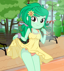 Size: 962x1080 | Tagged: suggestive, artist:charliexe, artist:maximussolini, derpibooru import, wallflower blush, equestria girls, adorasexy, alternate hairstyle, animated, blinking, breasts, clothes, cute, dress, dress lift, female, flowerbetes, freckles, legs, looking at you, loop, no sound, orange underwear, outdoors, panties, park, sexy, smiling, solo, sundress, thighs, underwear, webm, wind