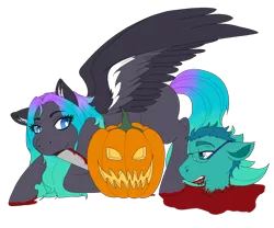 Size: 1024x854 | Tagged: grimdark, artist:attila-the-honeypie, derpibooru import, oc, oc:purple grim, unofficial characters only, pegasus, pony, blood, dead, decapitated, female, glasses, halloween, holiday, implied murder, jack-o-lantern, knife, male, mare, mouth hold, pumpkin, severed head, stallion