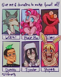 Size: 1634x2048 | Tagged: safe, artist:nemesisblajin, derpibooru import, pinkie pie, anthro, earth pony, human, pony, wolf, six fanarts, :d, anthro with ponies, beastars, bungou stray dogs, bunny ears, bust, choker, clothes, crossover, ear piercing, earring, elmo, female, grin, jewelry, legosi (beastars), male, mare, mohawk, nose piercing, open mouth, piercing, popee the performer, sesame street, smiling, spiked choker, tongue out, total drama, total drama island