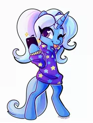 Size: 2400x3200 | Tagged: safe, artist:spindlespice, derpibooru import, trixie, pony, semi-anthro, unicorn, :p, alternate hairstyle, babysitter trixie, bipedal, clothes, cute, diatrixes, female, gameloft, gameloft interpretation, heart eyes, high res, hoodie, hoof hold, mare, mobile phone, one eye closed, phone, pigtails, simple background, smiling, solo, tongue out, white background, wingding eyes, wink