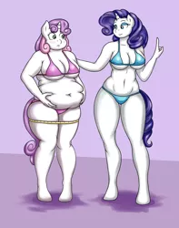 Size: 1500x1900 | Tagged: suggestive, artist:lordstormcaller, derpibooru import, rarity, sweetie belle, anthro, unguligrade anthro, unicorn, belly, belly button, big belly, bikini, breasts, busty rarity, busty sweetie belle, chubbie belle, chubby, clothes, curvy, cute, duo, duo female, fat, female, females only, fetish, flushed face, holding belly, looking at each other, older, older sweetie belle, overweight, purple background, sexy, simple background, skinny, story included, summer, sweetie belly, swimsuit