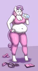Size: 1000x1900 | Tagged: suggestive, artist:lordstormcaller, derpibooru import, sweetie belle, anthro, unguligrade anthro, unicorn, aerobics, belly, belly button, big belly, bra, breasts, busty sweetie belle, chubbie belle, chubby, cleavage, clothes, diet, double chin, equipment, exercise, fat, female, fetish, flushed face, jump rope, older, older sweetie belle, overweight, pants, purple background, simple background, solo, solo female, sports, sports bra, story included, sweat, sweatpants, sweetie belly, underwear, video, water bottle, weight gain, weight loss, weights, workout