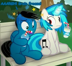 Size: 7200x6600 | Tagged: safe, artist:agkandphotomaker2000, derpibooru import, vinyl scratch, oc, oc:pony video maker, pegasus, pony, unicorn, bench, brain freeze, bush, canon x oc, drinking, female, hill, levitation, looking at someone, magic, male, open mouth, pain, shipping, show accurate, shrunken pupils, sitting, slurpee, straight, straw, telekinesis, tree, videoscratch