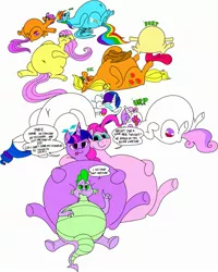 Size: 2105x2632 | Tagged: suggestive, artist:princebluemoon3, derpibooru import, apple bloom, applejack, fluttershy, pinkie pie, rainbow dash, rarity, scootaloo, spike, sweetie belle, twilight sparkle, dragon, earth pony, pegasus, pony, unicorn, apple blob, applefat, belly, belly button, bellyache, bhm, big belly, burp, crying, cutie mark crusaders, fat, fat spike, fattershy, hiccups, huge belly, mane seven, mane six, obese, piggy pie, pudgy pie, rainblob dash, raritubby, scootalard, simple background, stomach ache, stuffed, stuffed belly, sweetie belly, tears of pain, twilard sparkle, white background