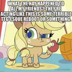 Size: 1080x1080 | Tagged: safe, derpibooru import, applejack, earth pony, pony, my little pony: pony life, apple, caption, confused, eating, food, image macro, meta, reboot, reboot series, solo, teen titans go, text