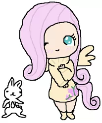 Size: 492x596 | Tagged: 2011, angel bunny, artist:dj-crossbones, blushing, chibi, clothes, cutie mark clothes, derpibooru import, duo, fluttershy, human, humanized, one eye closed, safe, simple background, sweater, sweater dress, sweatershy, white background, winged humanization, wings, wink