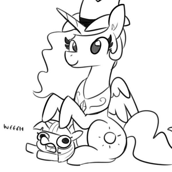 Size: 1080x1080 | Tagged: safe, artist:tjpones, derpibooru import, princess celestia, twilight sparkle, alicorn, pony, unicorn, black and white, cowboy hat, domination, duo, female, filly, grayscale, hat, mare, monochrome, ponies riding ponies, riding, role reversal, simple background, twiggie, weh, white background, yeehaw