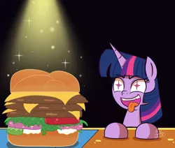 Size: 1650x1400 | Tagged: safe, artist:feralroku, derpibooru import, twilight sparkle, pony, borgarposting, burger, cheeseburger, eyes on the prize, female, food, hamburger, hamburger day, mare, meat, napkin, open mouth, ponies eating meat, solo, starry eyes, that pony sure does love burgers, tongue out, twilight burgkle, wingding eyes