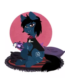Size: 2048x2455 | Tagged: safe, artist:geniebuy, derpibooru import, ponified, ponified:oliver sykes, earth pony, pony, undead, zombie, zombie pony, bone, bring me the horizon, clothes, commission, controller, drop dead clothing, fangs, frown, glasgow smile, glow, hoof hold, lineless, lip piercing, long sleeves, male, piercing, pillow, playstation 4, rug, scar, shirt, simple background, sitting, solo, stallion, stitches, tattoo, torn ear, video game, white background, ych result