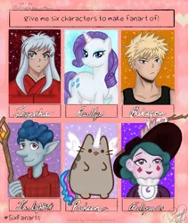 Size: 1080x1281 | Tagged: safe, artist:koalabeearts, derpibooru import, rarity, cat, human, pony, unicorn, six fanarts, bakugo katsuki, blush sticker, blushing, clothes, crossover, eclipsa butterfly, female, hat, ian lightfoot, inuyasha, katsuki bakugou, mare, my hero academia, onward (movie), pusheen, raised hoof, scepter, star vs the forces of evil, sun hat