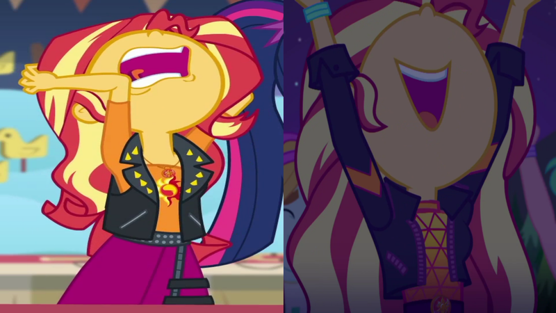 Size: 1920x1080 | Tagged: safe, derpibooru import, sunset shimmer, equestria girls, equestria girls series, rollercoaster of friendship, the last drop, spoiler:eqg series (season 2), aaugh!, come on, comparison, nose in the air