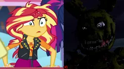 Size: 1920x1080 | Tagged: safe, derpibooru import, edit, edited screencap, screencap, sunset shimmer, equestria girls, equestria girls series, rollercoaster of friendship, comparison, five nights at freddy's, five nights at freddy's 3, messy hair, shrunken pupils, springtrap, thehottest dog